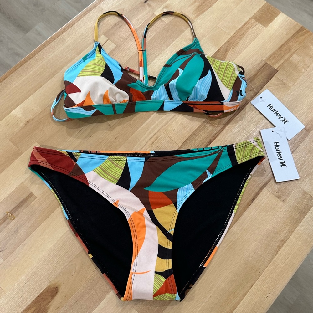 New! Hurley Multicolor Tropical Beach Leaf Print Bikini Size Large - Picture 2 of 14